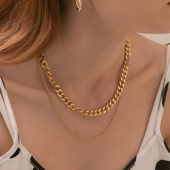 New 18K Gold Plated Link Chain Double Layer Necklace 9c - Picture 1 of 8